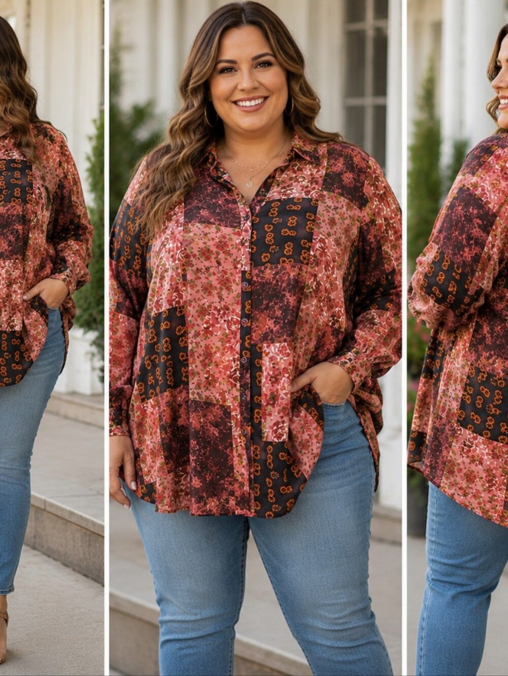 For The Republic Womens 3X Patchwork Floral Button Down Tunic Blouse Pink Rayon